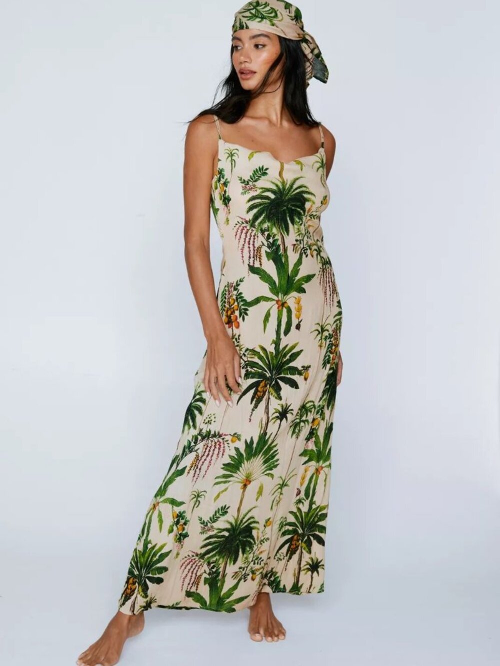 Nasty Gal Crinkle Viscose Palm Tree Cowl Maxi Dress And Headscarf Set